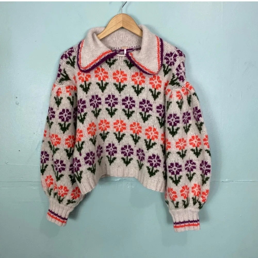 Free People Frills Softspun Sweater‎ Floral Knit Small